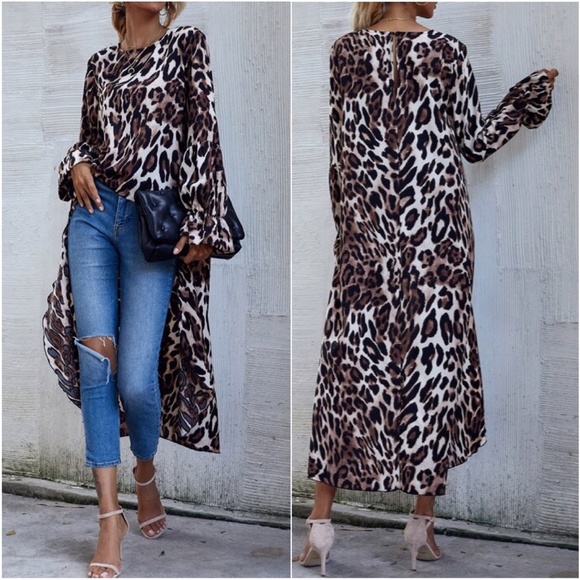 Brown Leopard Print High Low Ruffle Sleeve Top - Picture 2 of 2